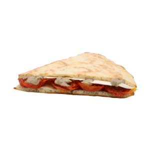 Torta al testo-- pomodoro confit, ricotta salata e hummus di lenticchie